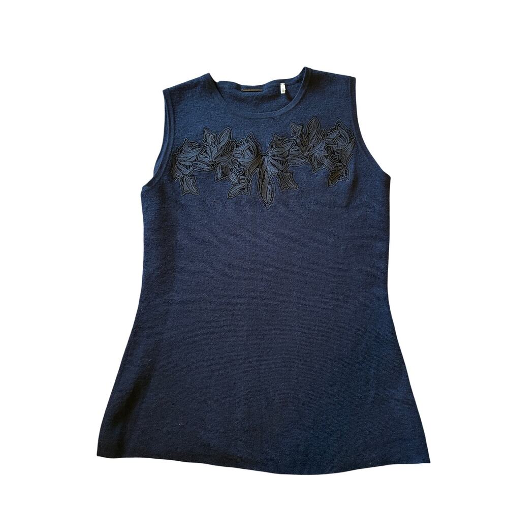 100% Merino wool embroidered navy blue, matching top and sweater set, size small
